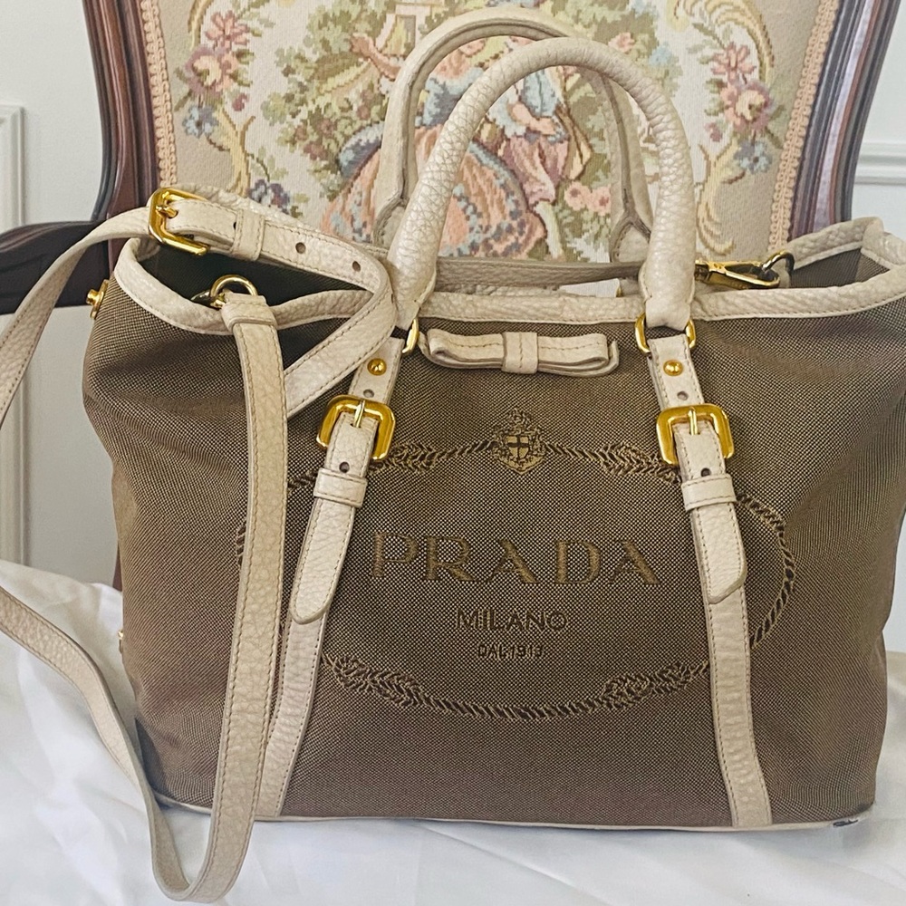 AUTHENTIC PRADA logo convertible tote canvas with leather medium - Picture 2 of 16